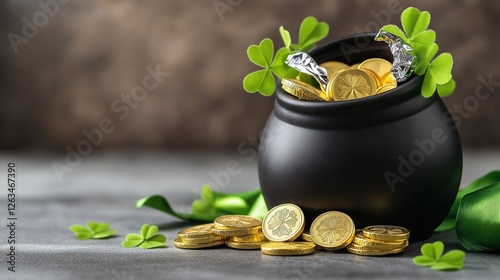 close-up of golden chocolate coins wrapped in foil, spilling out of a small black pot