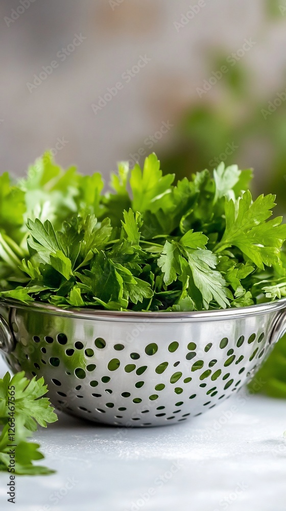 Fototapeta premium Fresh parsley in colander, kitchen counter, cooking prep (1)