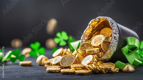 close-up of golden chocolate coins wrapped in foil, spilling out of a small black pot