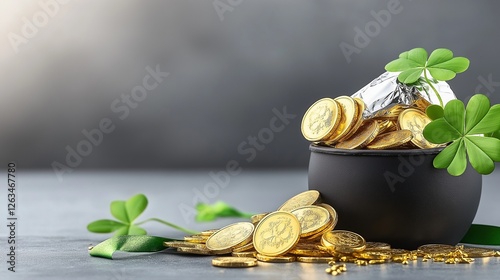 close-up of golden chocolate coins wrapped in foil, spilling out of a small black pot