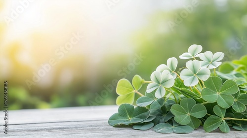 close-up of a lucky four-leaf clover resting on a wooden table, with soft sunlight