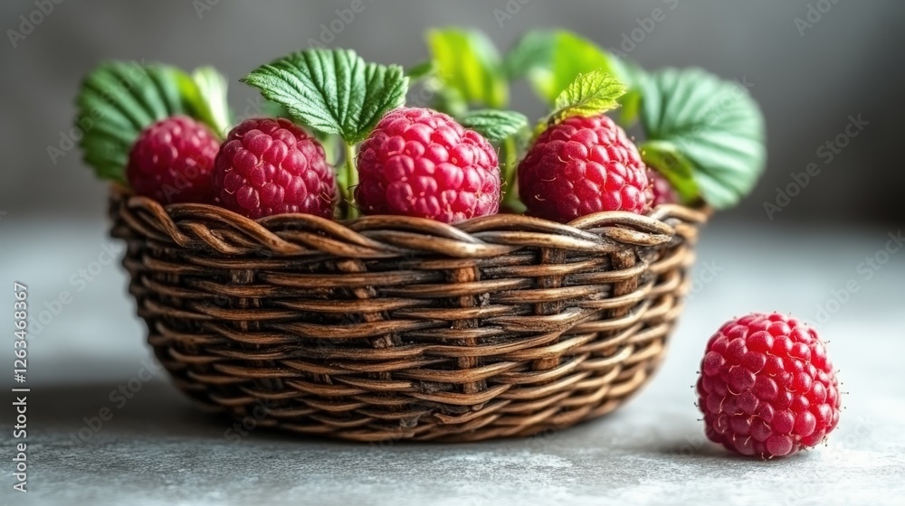 Rustic wicker pot with raspberry sprout and a single ripe raspberry on a white background Rustic wicker pot with raspberry sprout and a single ripe raspberry on a white background
