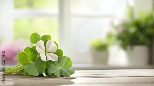 close-up of a lucky four-leaf clover resting on a wooden table, with soft sunlight