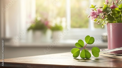close-up of a lucky four-leaf clover resting on a wooden table, with soft sunlight