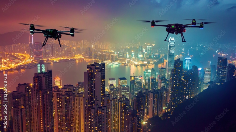 Night Flight Over Hong Kong: Drones Soaring Above the City's Glittering Skyline Night Flight Over Hong Kong: Drones Soaring Above the City's Glittering Skyline