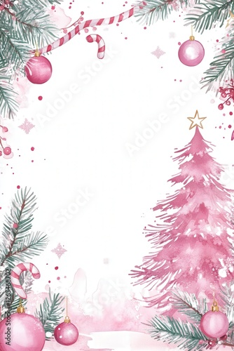 whimsical pink christmas frame with festive border and holiday decor in watercolor style