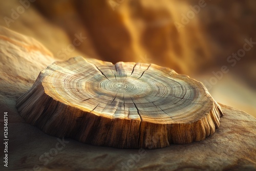 A weathered tree stump rests on a sunlit rock, showcasing its intricate rings and texture. photo