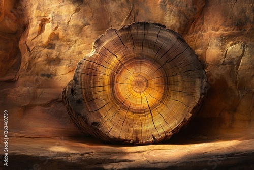 A cross-section of a tree trunk, showcasing its rings against a textured stone background, bathed in warm light. photo