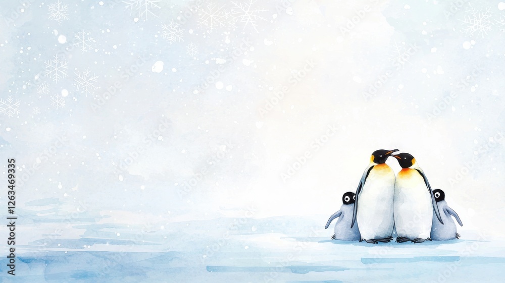 Obraz premium Adorable penguins watercolor scene icy landscape animal art winter wonderland close-up perspective family bonding