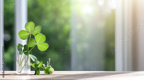 close-up of a lucky four-leaf clover resting on a wooden table, with soft sunlight