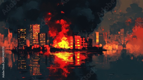 Wallpaper Mural Burning city reflecting in the dark water at night Torontodigital.ca