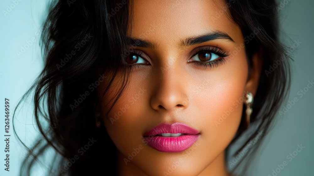Portrait of a beautiful Indian woman with dark hair and brown eyes. Indian woman with pink lipstick, earrings, and natural makeup. Portrait of a beautiful Indian woman with dark hair and brown eyes. Indian woman with pink lipstick, earrings, and natural makeup.