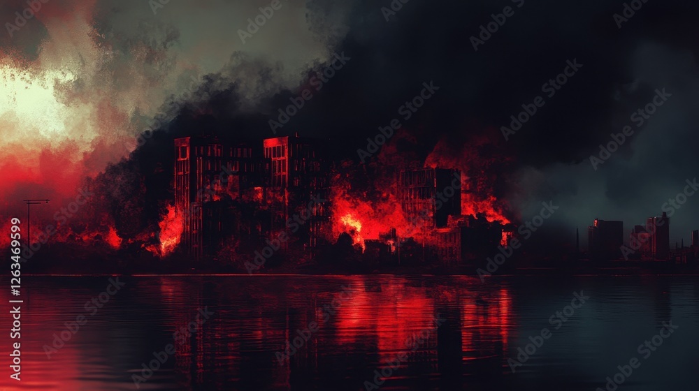 Obraz premium Burning city skyline reflected in dark water below