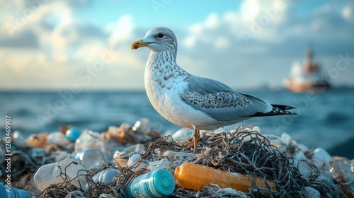Wallpaper Mural Seagull perched on floating plastic waste in vast ocean landscape Torontodigital.ca