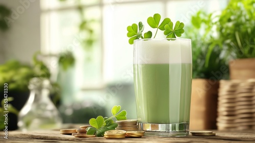 frothy pint of green beer on a rustic wooden pub table, surrounded by shamrocks and golden coins