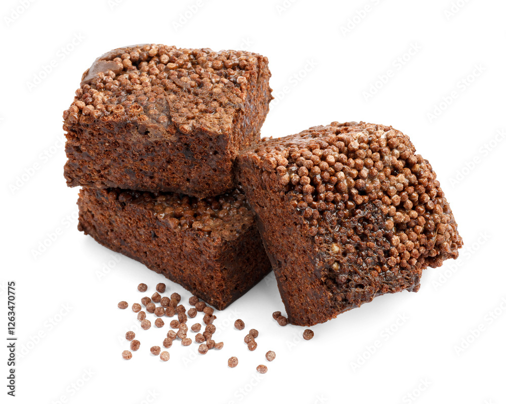 Delicious chocolate puffed rice bars isolated on white Delicious chocolate puffed rice bars isolated on white