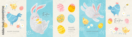 Happy Easter set of cards with cute bunnies, chicks, hens, flowers and eggs. Modern trendy style with watercolor and grainy texture. Vector illustration.