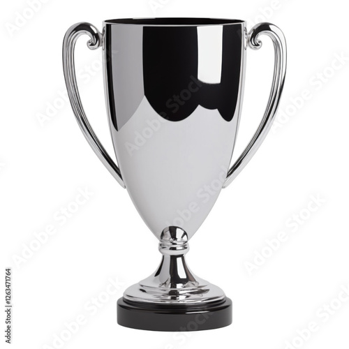 Shiny silver trophy cup with elegant handles on a plain white background, symbolizing victory and achievement in competitive events.