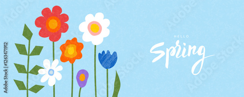 Hello spring colorful abstract banner with flowers. Vector illustration with trendy grainy texture.