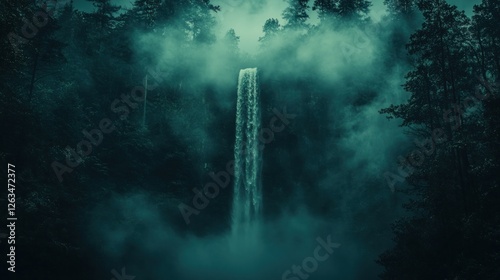 Misty forest waterfall cascading photo