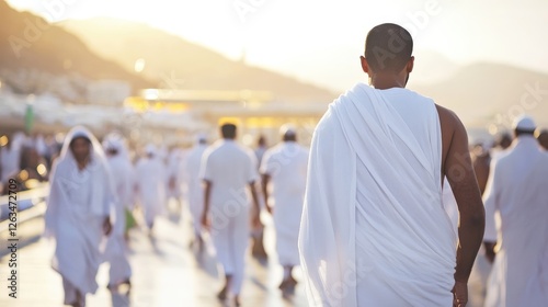 A Muslim pilgrim walks among many others during Hajj photo