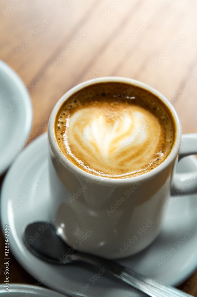 cornstarch alfajor with dulce de leche and coconut in the shape of a heart and coffee plus coffee with milk