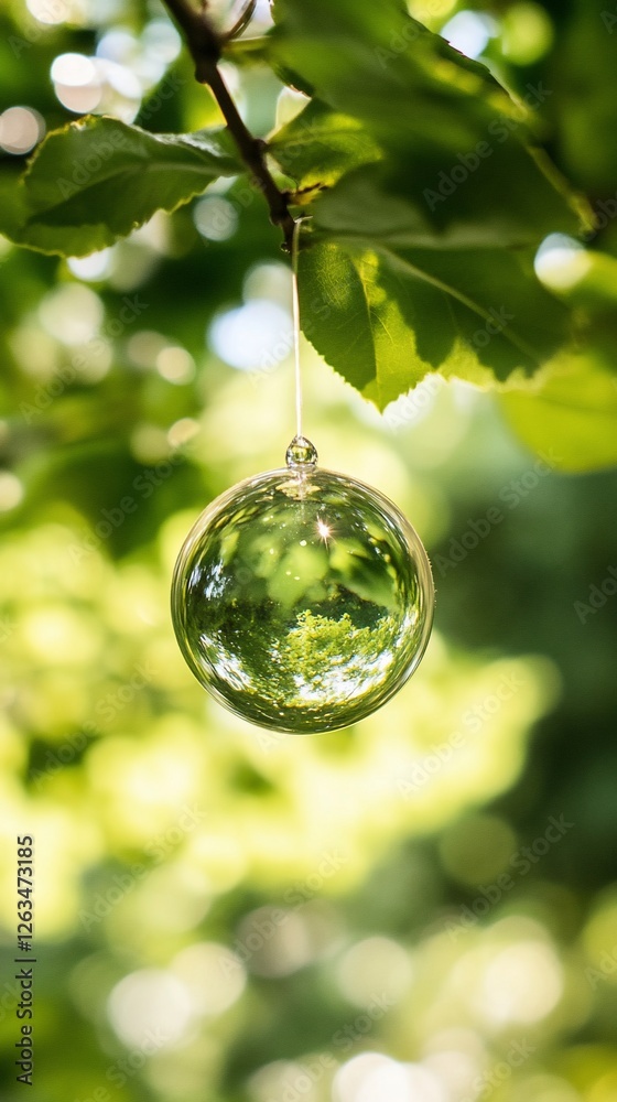 Glass ball hanging on tree branch, sunlight, green leaves background Glass ball hanging on tree branch, sunlight, green leaves background