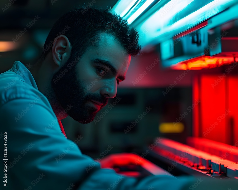Fototapeta premium A focused technician works in a dimly lit environment, illuminated by vibrant red and blue lights, showcasing a modern console with buttons and screens, capturing a moment of innov