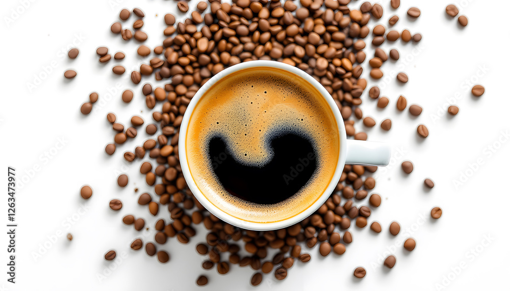 Obraz premium White mug of coffee with coffee beans surrounding it. White mug of coffee with coffee beans; perfect for coffee shop menus, social media posts, and advertising campaigns.