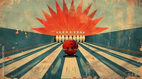 A retro-style illustration of a bowling alley, featuring a red bowling ball heading towards a set of white pins against a vibrant, colorful background.