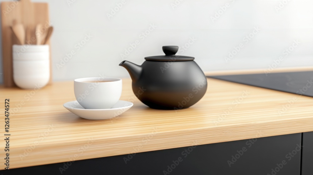 A serene Japanese-inspired kitchen with a smooth bamboo countertop, matte black cabinets A serene Japanese-inspired kitchen with a smooth bamboo countertop, matte black cabinets