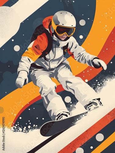 A snowboarder in a vibrant, retro-inspired design rides through snow, showcasing dynamic movement against bold colors.