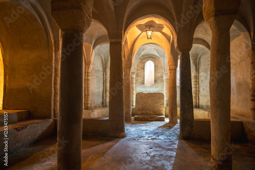 Ancient Romanesque Crypt with Stone Columns and Vaulted Ceiling, Noli, Savona, Ligury, Italy