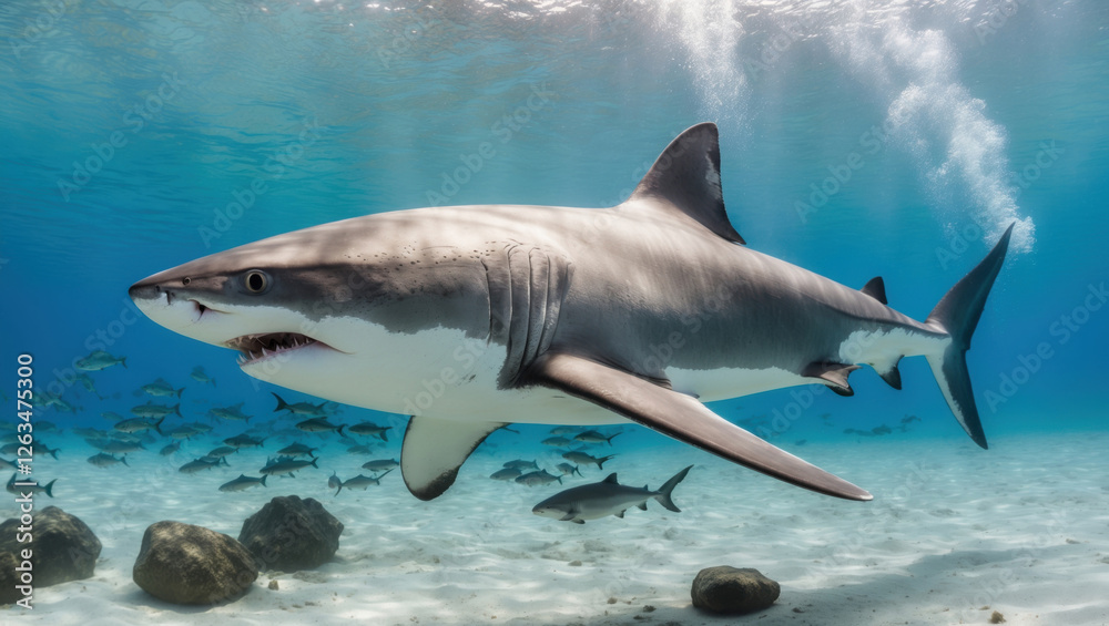 Fototapeta premium Majestic great white shark in deep blue waters. Sharp focus on its fins, with blurred fish and ocean floor. Perfect for marine life and conservation content.