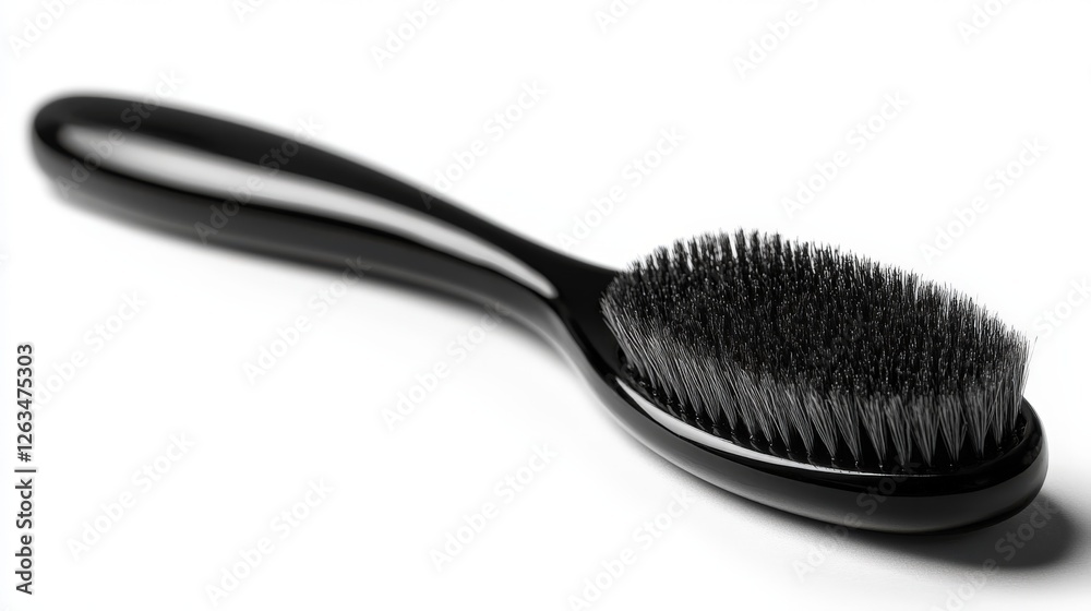 Black paddle brush with synthetic bristles positioned on a clear surface Black paddle brush with synthetic bristles positioned on a clear surface