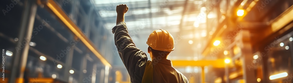 Fototapeta premium A worker in a safety helmet raises their arm triumphantly inside an industrial building, symbolizing success and achievement in the manufacturing sector.