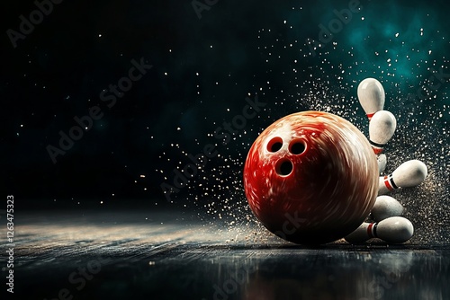 A bowling ball strikes pins, creating a dynamic splash effect in a dark, atmospheric setting, emphasizing action and energy.