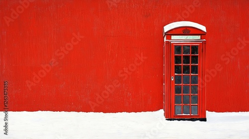 A bright red telephone booth stands against a matching red wall, partially covered in snow, creating a striking and vibrant winter scene.