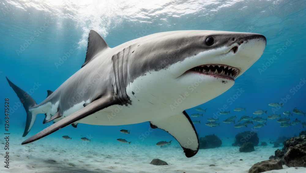 Naklejka premium Professional underwater shot of a great white shark. Highlights its size and elegance, with soft light and blurred background. Ideal for wildlife photography.