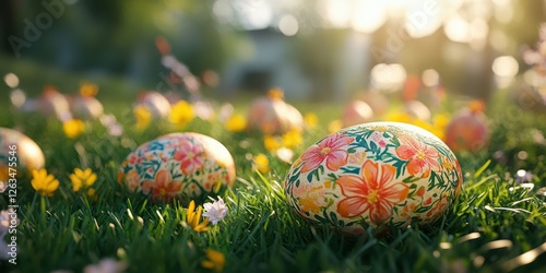 Colorful Easter eggs scattered in a blooming field during spring sunlight photo