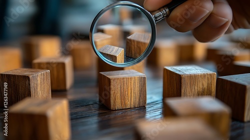 Close-up of a hand using a magnifying glass to examine wooden blocks on a dark surface.