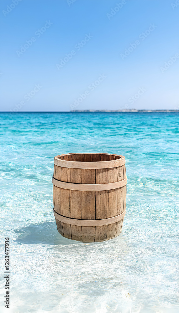 Barrel on beach with clear blue ocean. Tropical vacation product display, travel. Generative AI