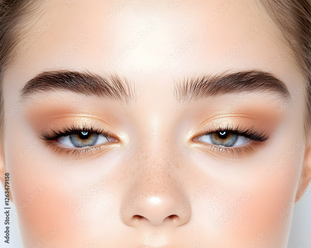 Obraz premium Close-up of a woman with golden eye makeup; beauty concept, for cosmetics ads. Generative AI