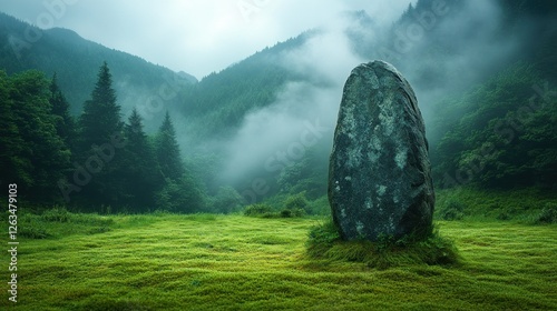 Misty mountain meadow, solitary stone, tranquil scene photo