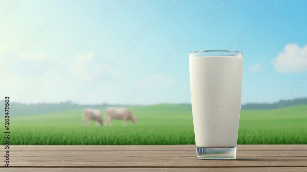 glass filled with fresh milk on a rustic wooden table. In the background glass filled with fresh milk on a rustic wooden table. In the background