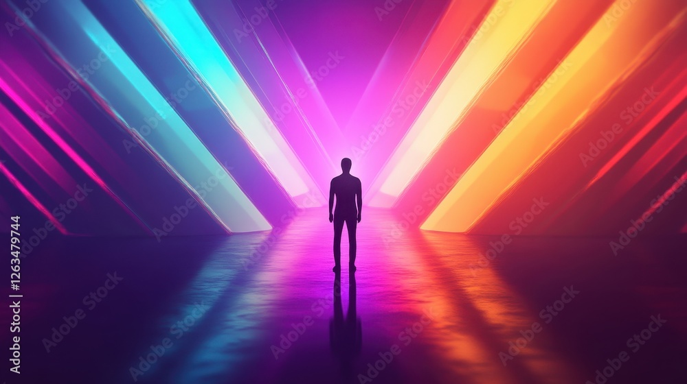 Silhouette stands beneath a vibrant convergence of light streams Silhouette stands beneath a vibrant convergence of light streams