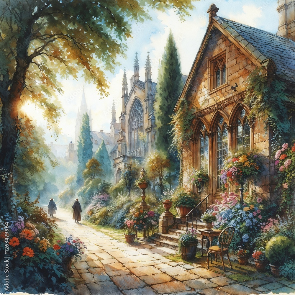 Painting of a garden with a house and a church in the background. English watercolor with detailed painting with soft colors and tranquil atmosphere