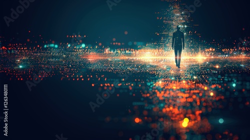 Futuristic AI-powered workspace with project leader monitoring performance metrics on massive digital dashboard. Glowing holographic elements data-driven decision-making in modern business.