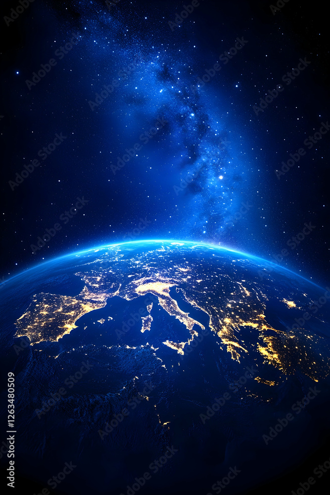 Obraz premium Earth at Night, Europe, Milky Way, Space View. Potential Stock Photo. Generative AI