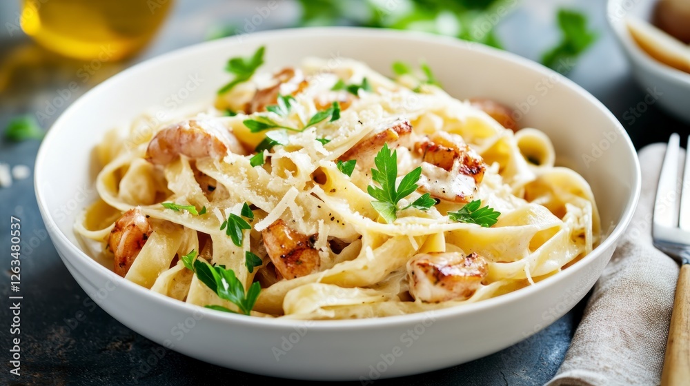 The plate of fettuccine pasta with octopus and seafood in a creamy white wine sauce, garnished with fresh greens and Parmesan.
The plate of fettuccine pasta with octopus and seafood in a creamy white wine sauce, garnished with fresh greens and Parmesan.